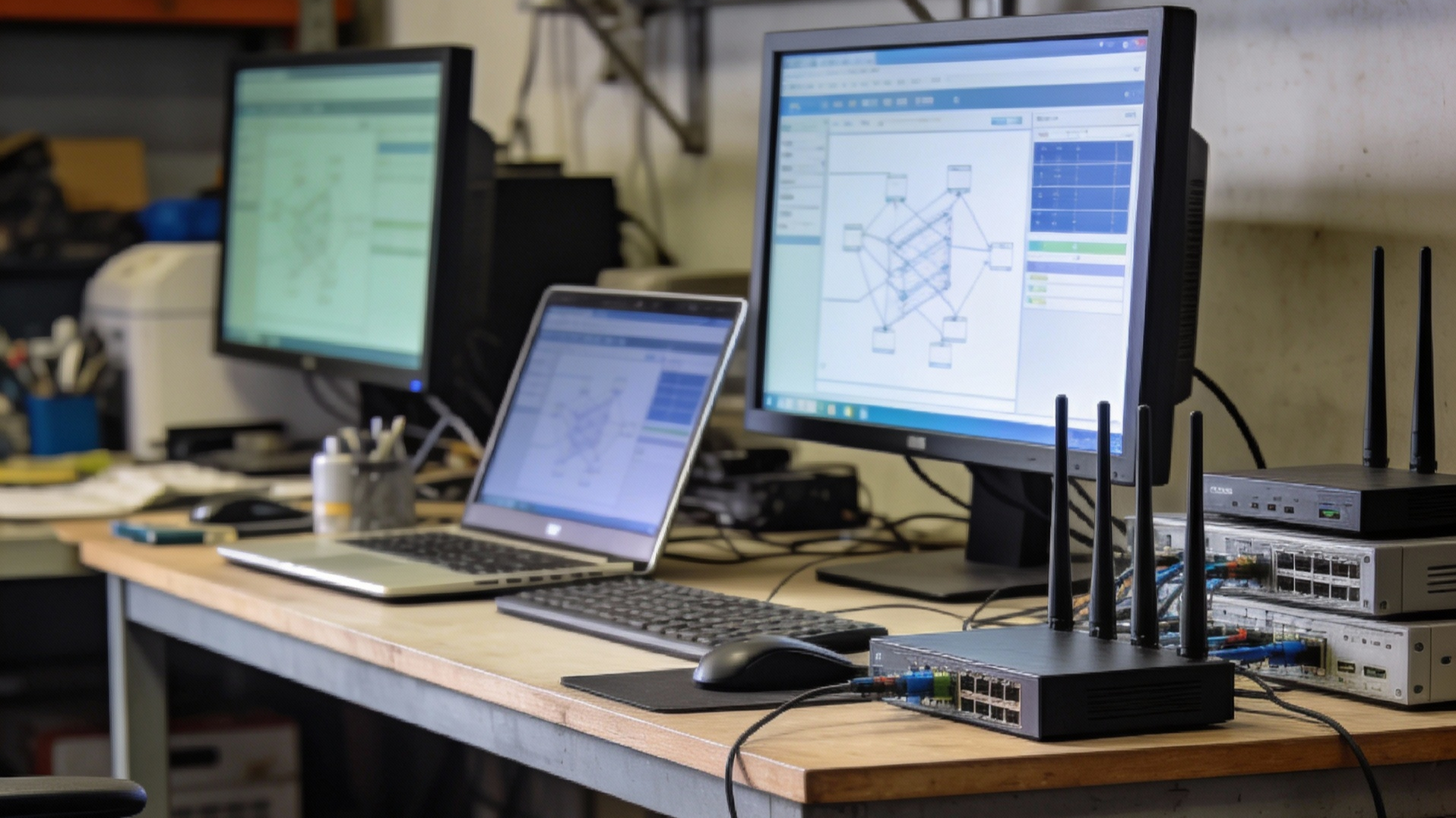 Werkstatt, Laptop und Bildschirm mit Daten, IT-Sicherheit im Mittelstand