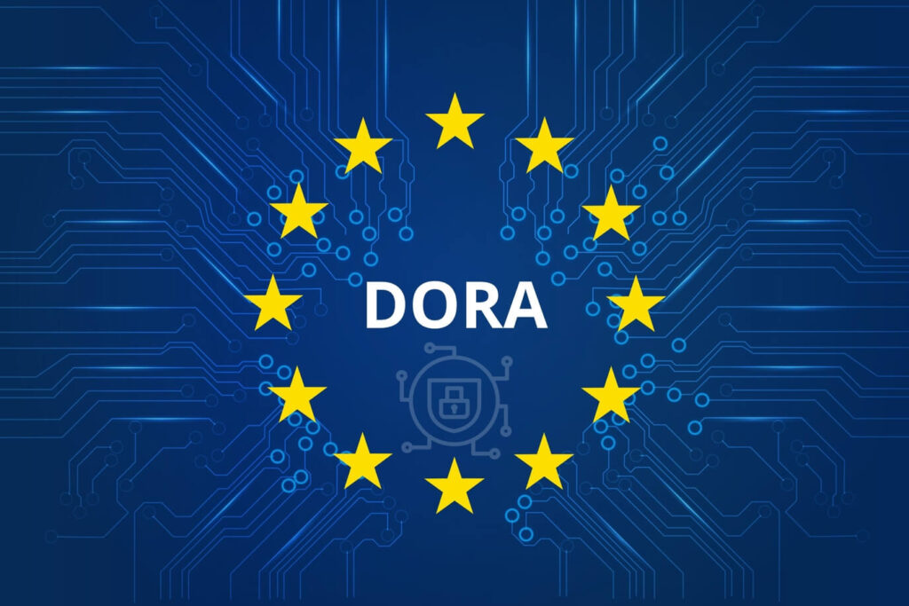 Grafik zur DORA-Verordnung mit EU-Sternenkreis auf blauem, digitalem Hintergrund.
