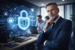 Führungskraft vor digitalem Sicherheitssymbol zur Darstellung von Cyber-Security, Datenschutz und Unternehmensschutz.
