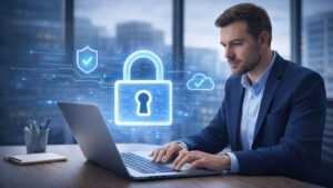 Mann arbeitet am Laptop im Büro, digitales Schloss steht für sichere IT-Infrastruktur und Datenschutz