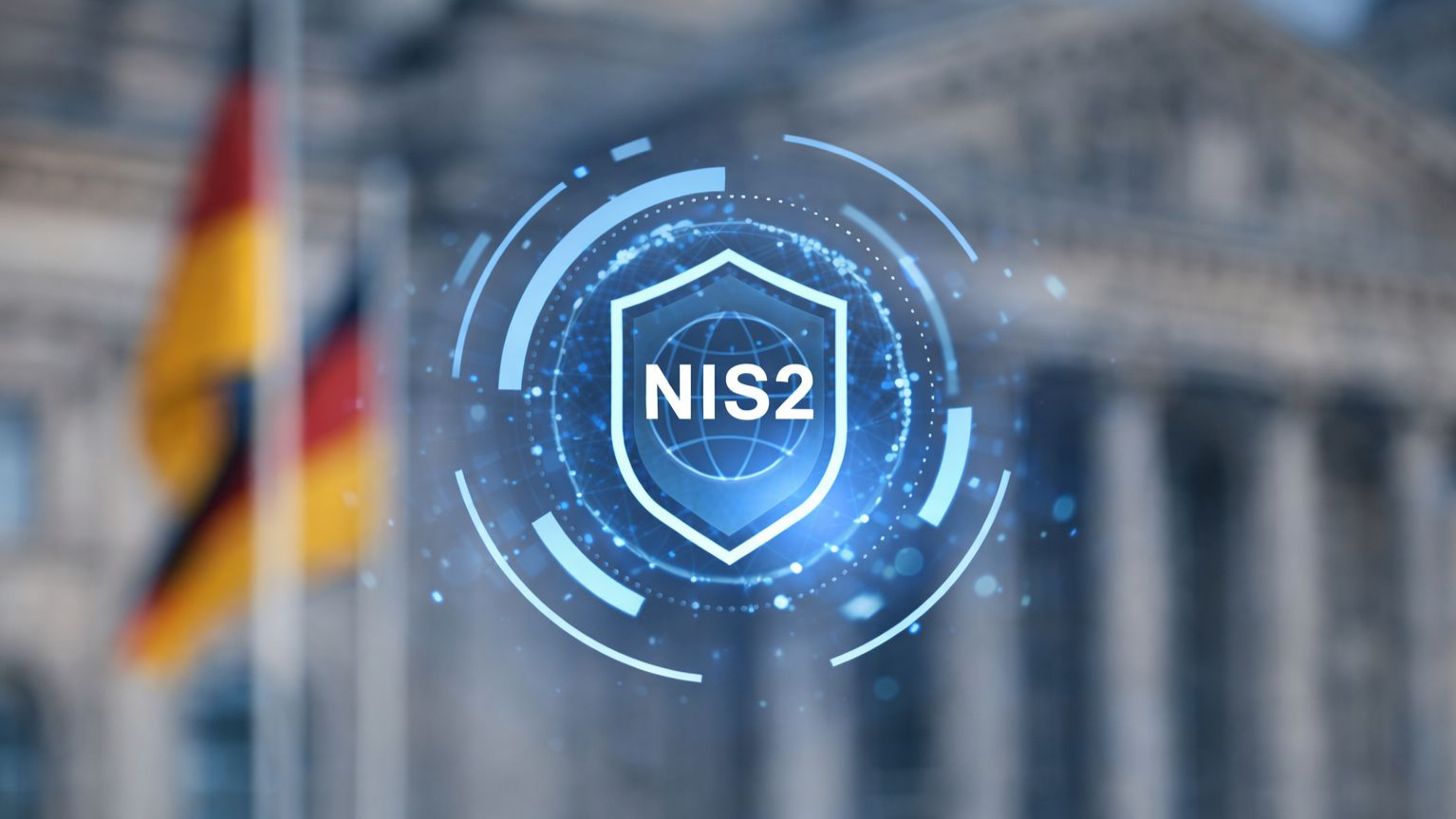 Blaues digitales Schutzschild mit der Aufschrift ‚NIS2‘ vor unscharfem Hintergrund mit deutscher Flagge