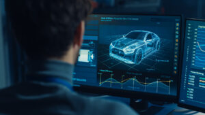 IT-Sicherheitsanalyst vor Monitoren mit holografischer Fahrzeugdarstellung und Sicherheitsdiagrammen