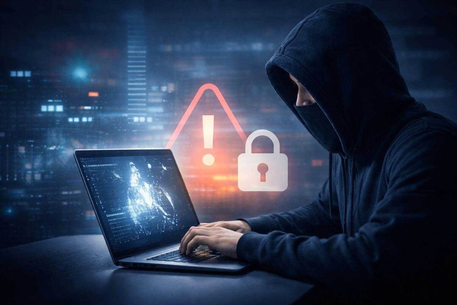 Darstellung von Cyberangriffen und IT-Sicherheitsrisiken: Person am Laptop mit Warnsymbol und Schloss als Symbol für DORA-Anforderungen und digitale Resilienz.