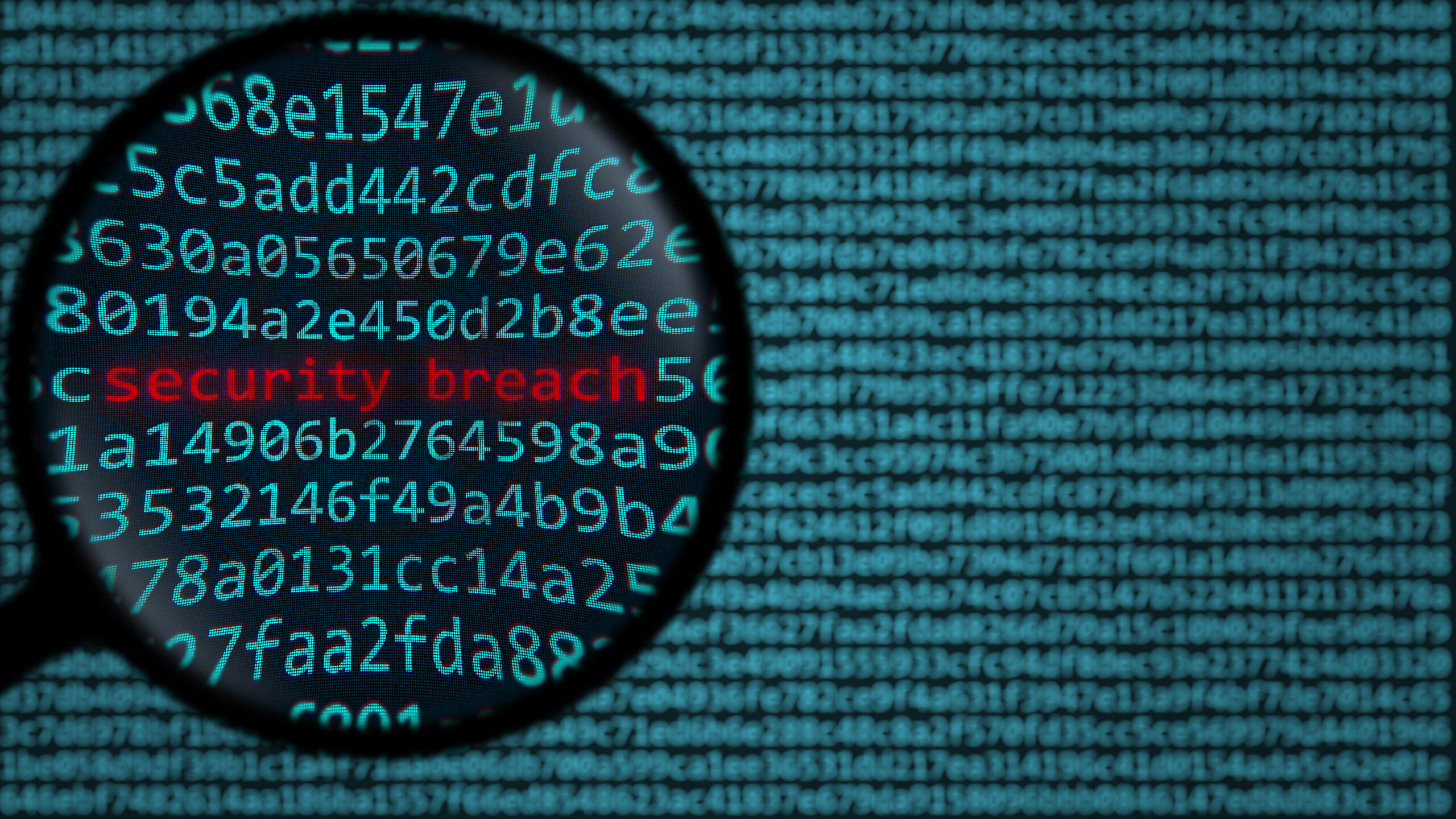 Bildschirm mit Warnmeldung „Security Breach“, Symbol für Cyberangriff auf Unternehmen.