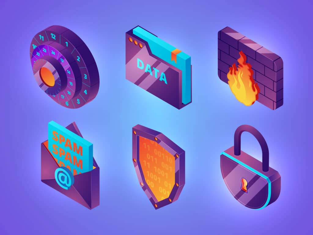 Illustration mit Symbolen zur IT-Sicherheit: Zahlenkombinationsschloss, Datenordner, Firewall mit Flamme, Spam-E-Mail, Schutzschild und Vorhängeschloss